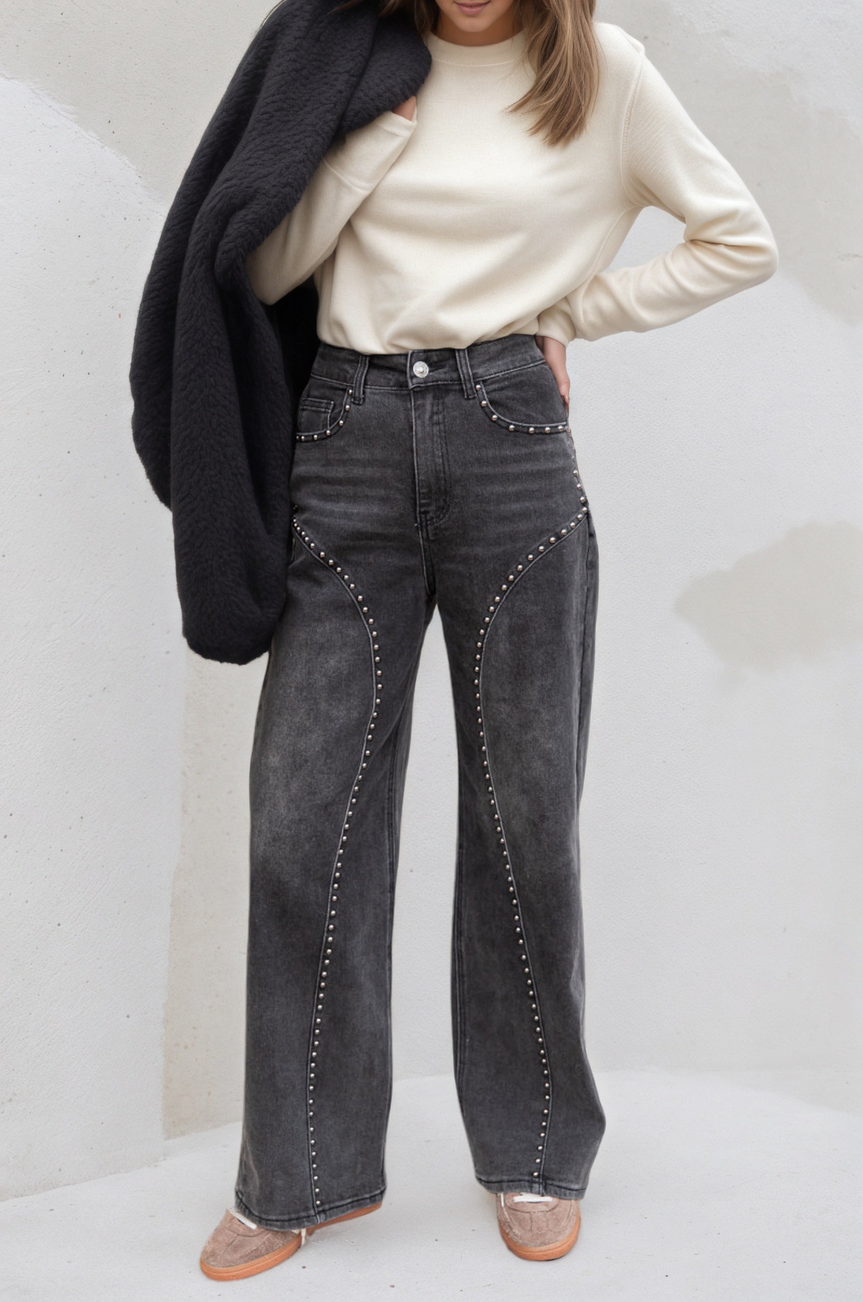 Wild Studded Stretch Jeans Charcoal