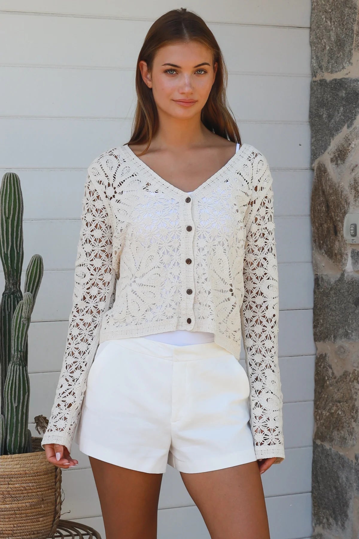 Willow Long Sleeve Crochet Top Beige
