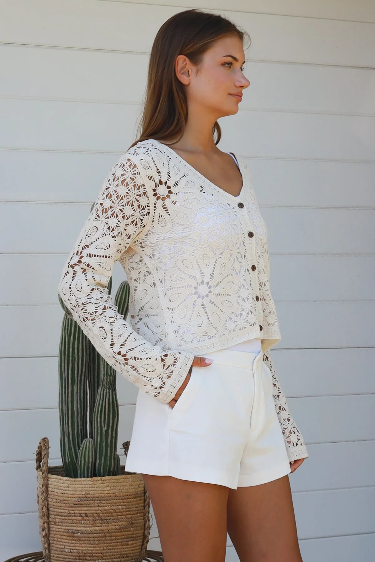 Willow Long Sleeve Crochet Top Beige