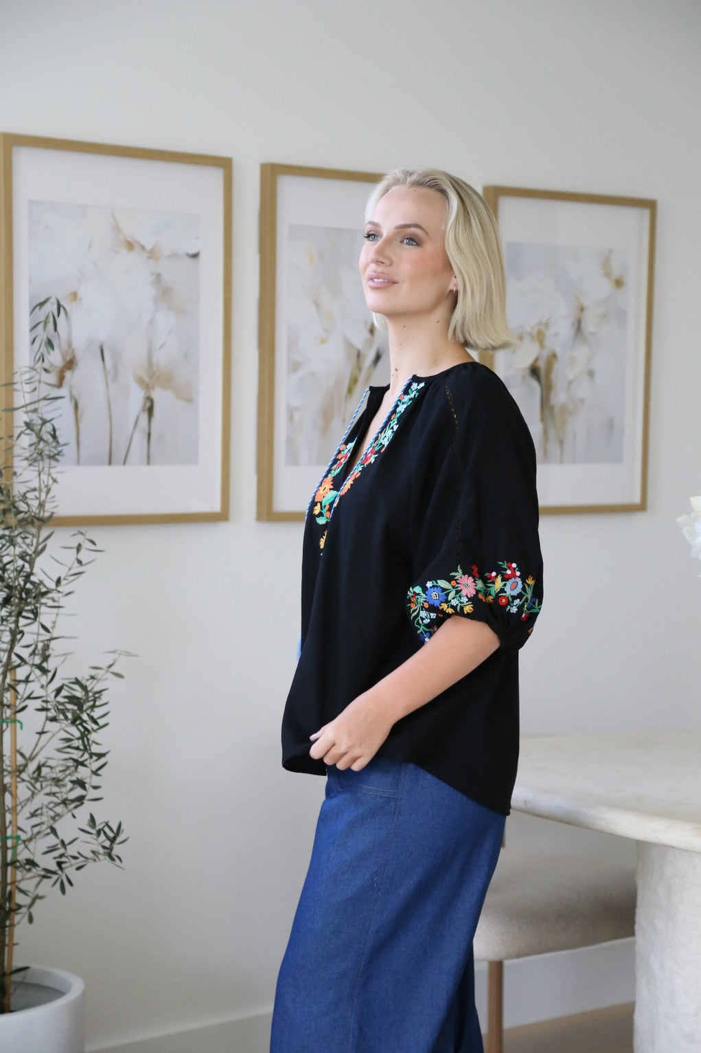 Floral Embroidered Top Black