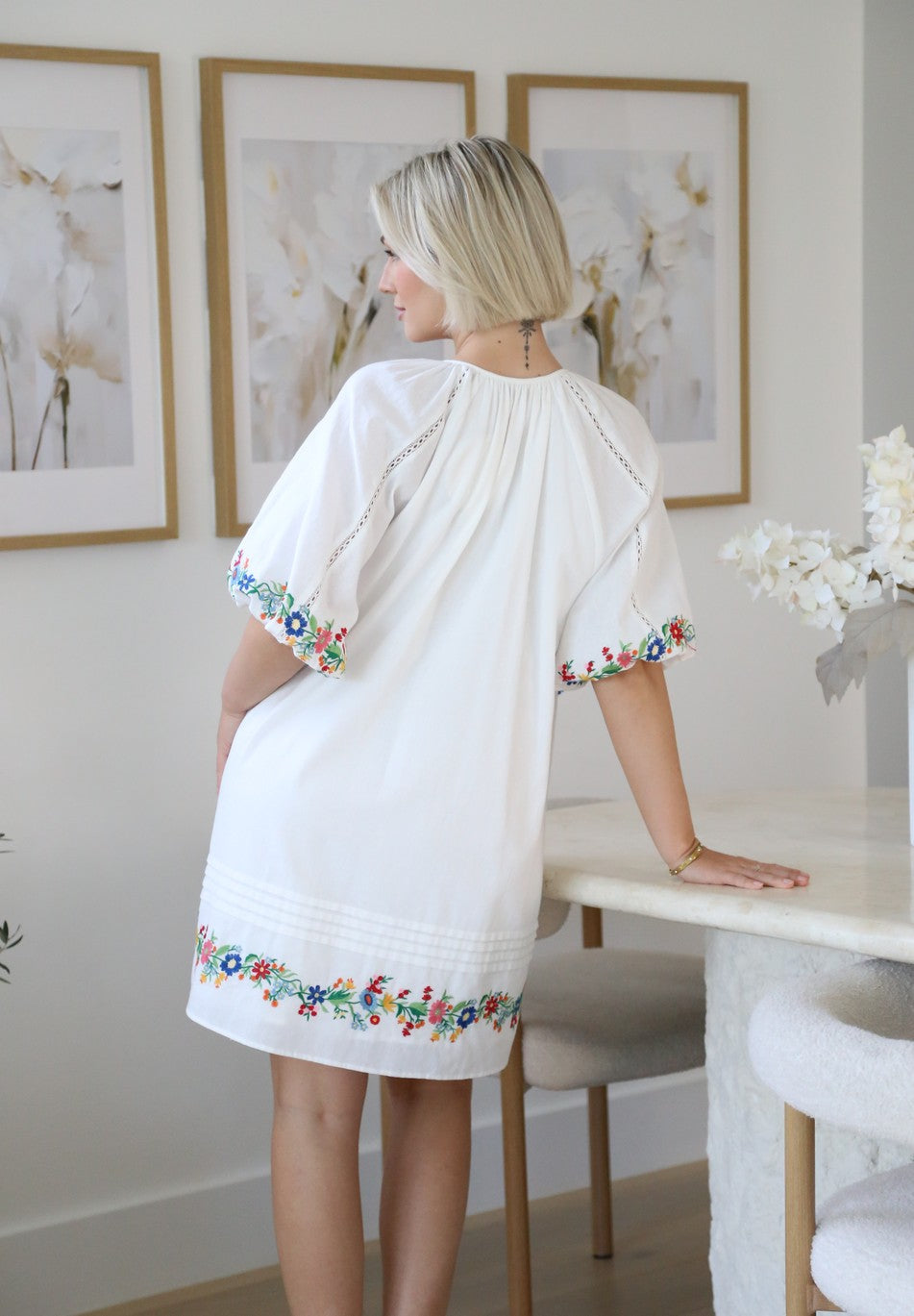 Floral Embroidered Shift Dress White