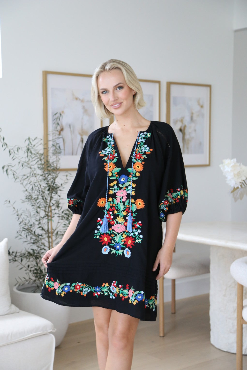 Floral Embroidered Shift Dress Black