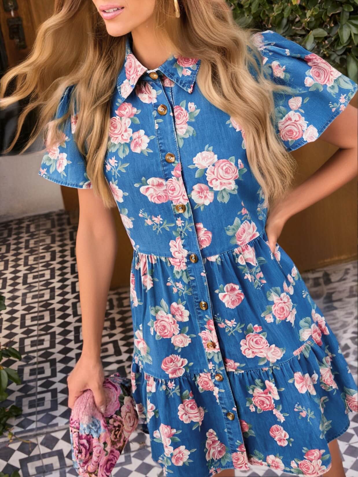 Fearless Babydoll Dress Mid Blue