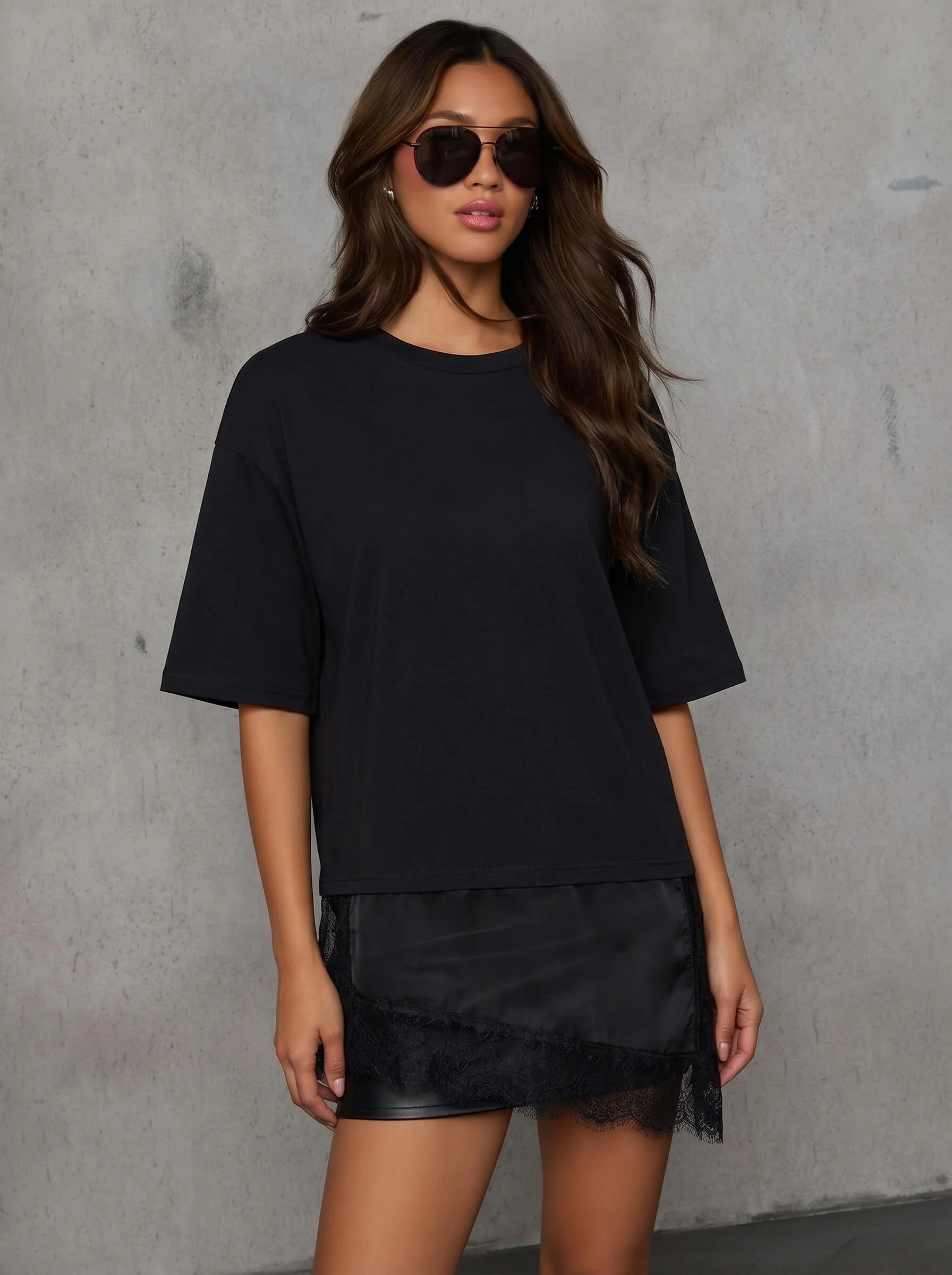 Verity Lace Trim Tee Dress Black