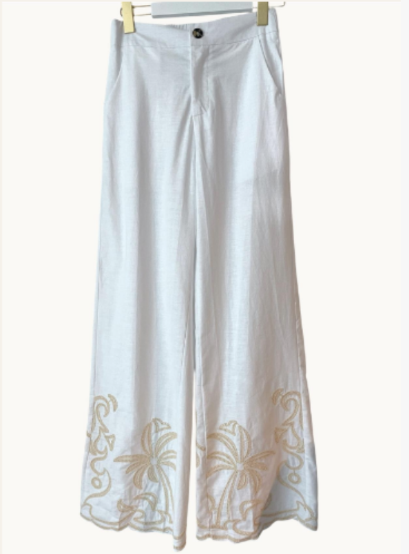 Palm Embroidered Pant White