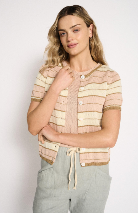 Solene Stripe Button Up Top Dusty Pink