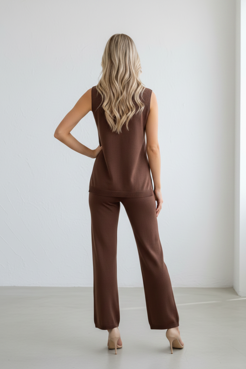 Cassia Knit Split Side Top & Pant Set Chocolate