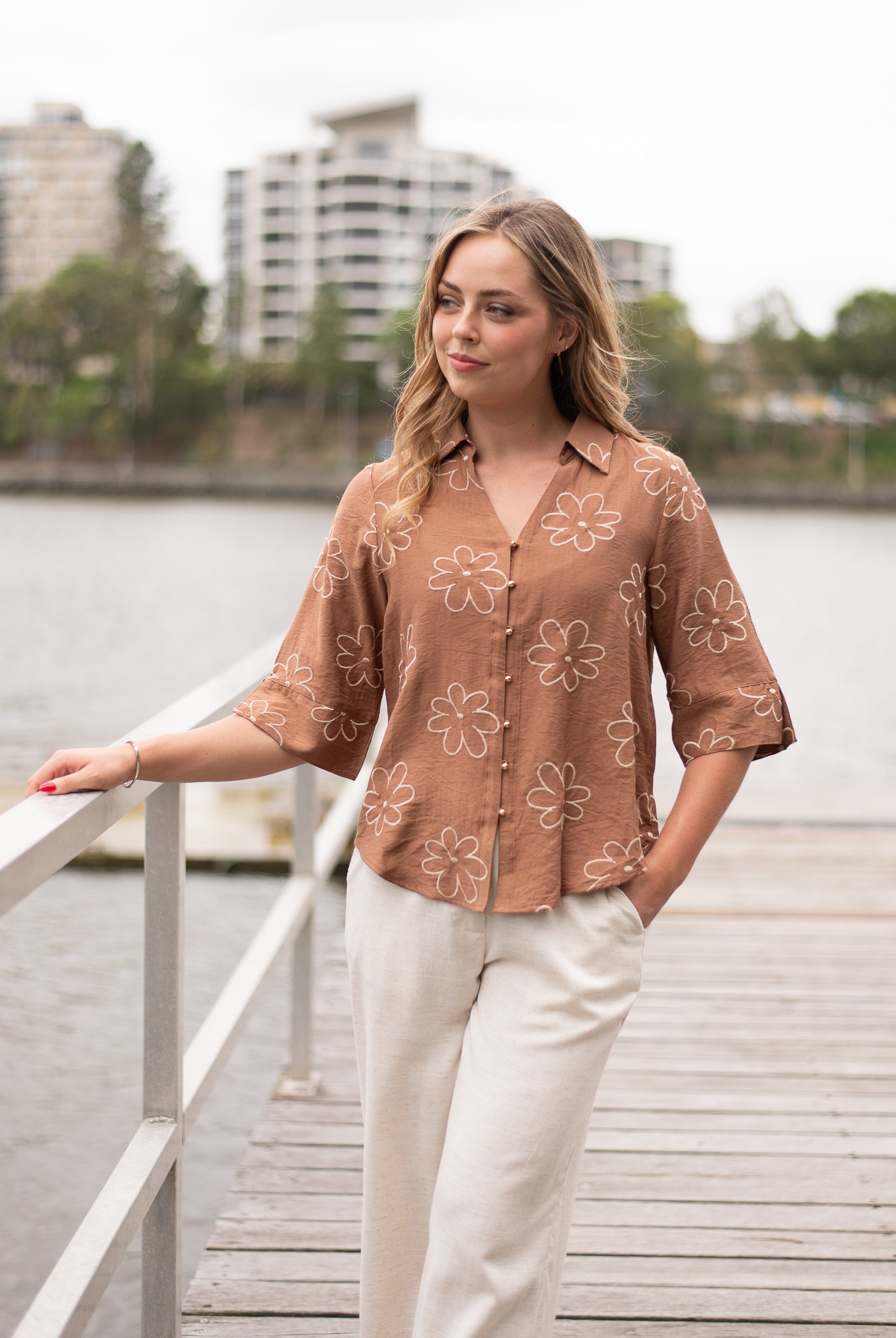 Daisy Embroidered Shirt Brown