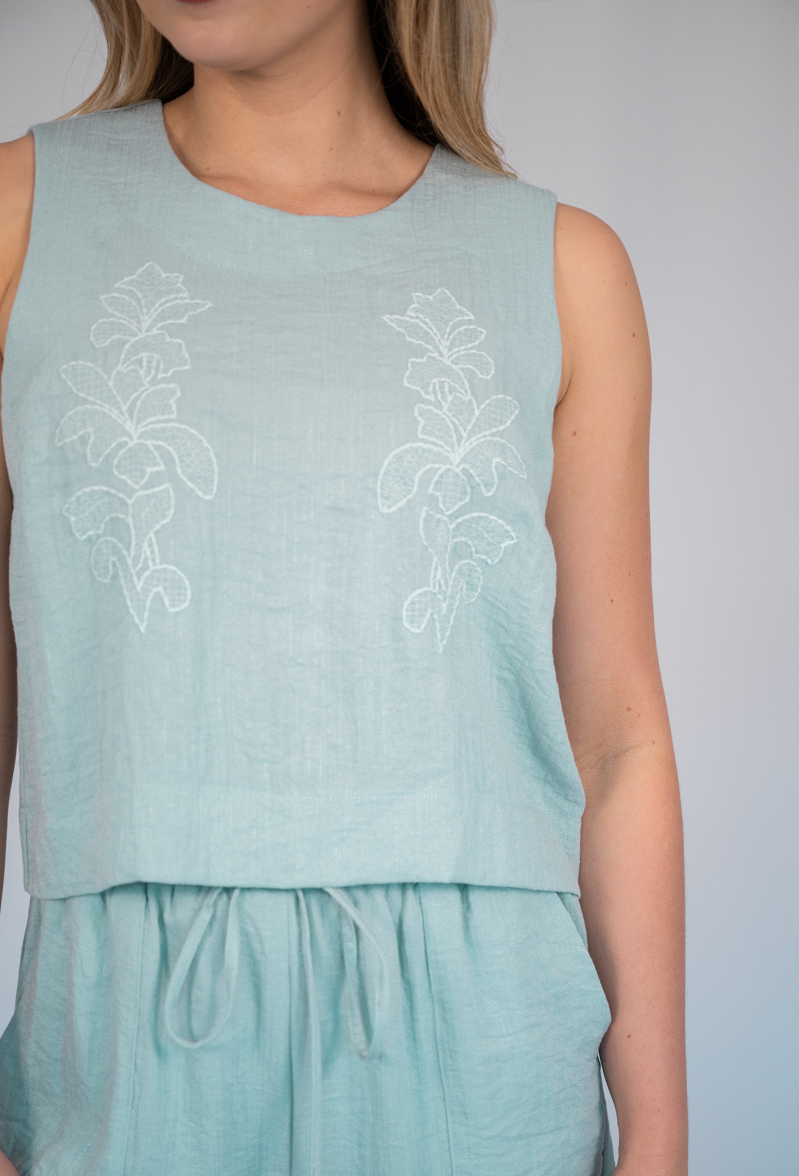 Crepe Embroidered Sleeveless Top Mint