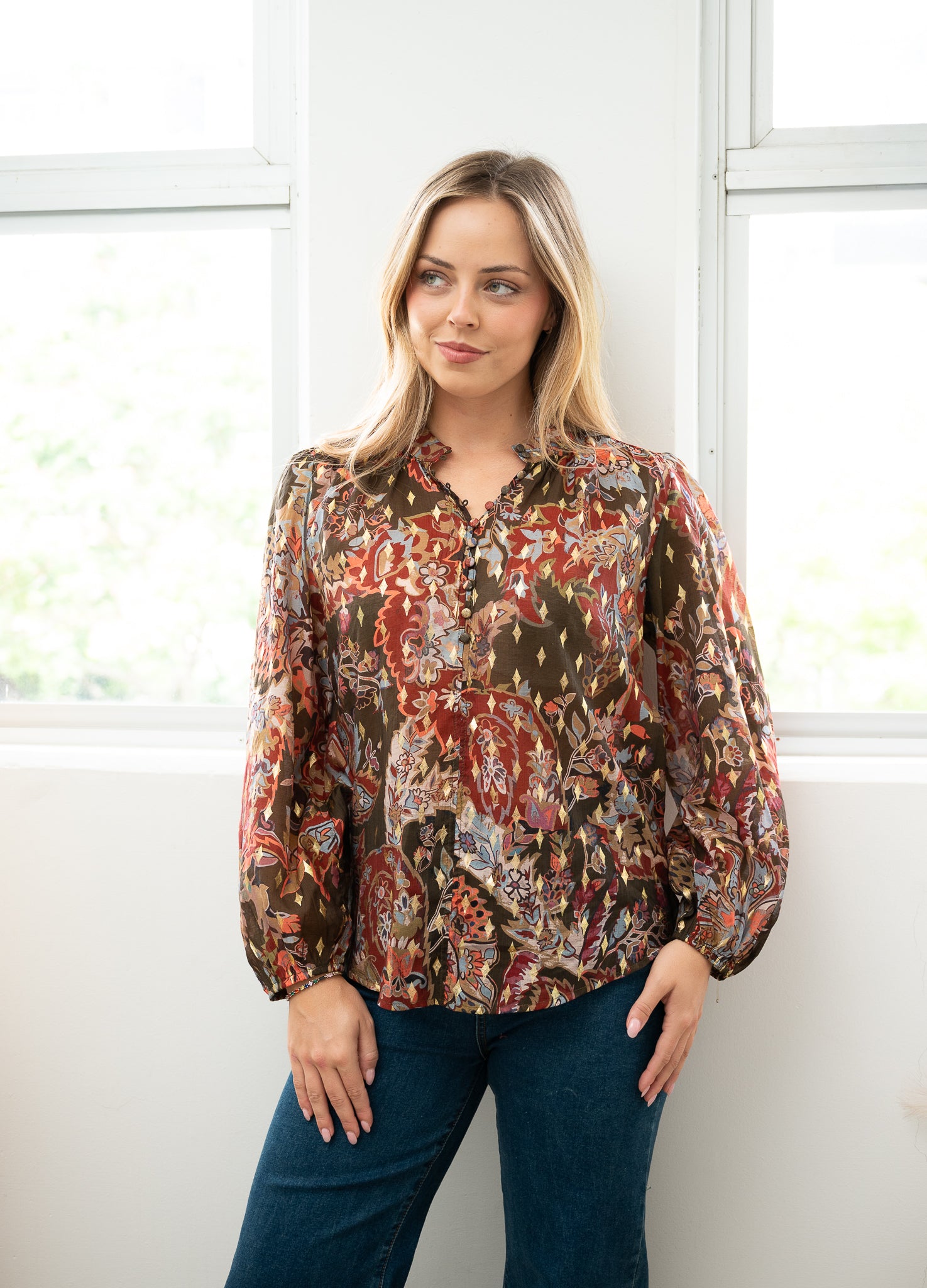 Batic Gold Leaf Blouse Brown