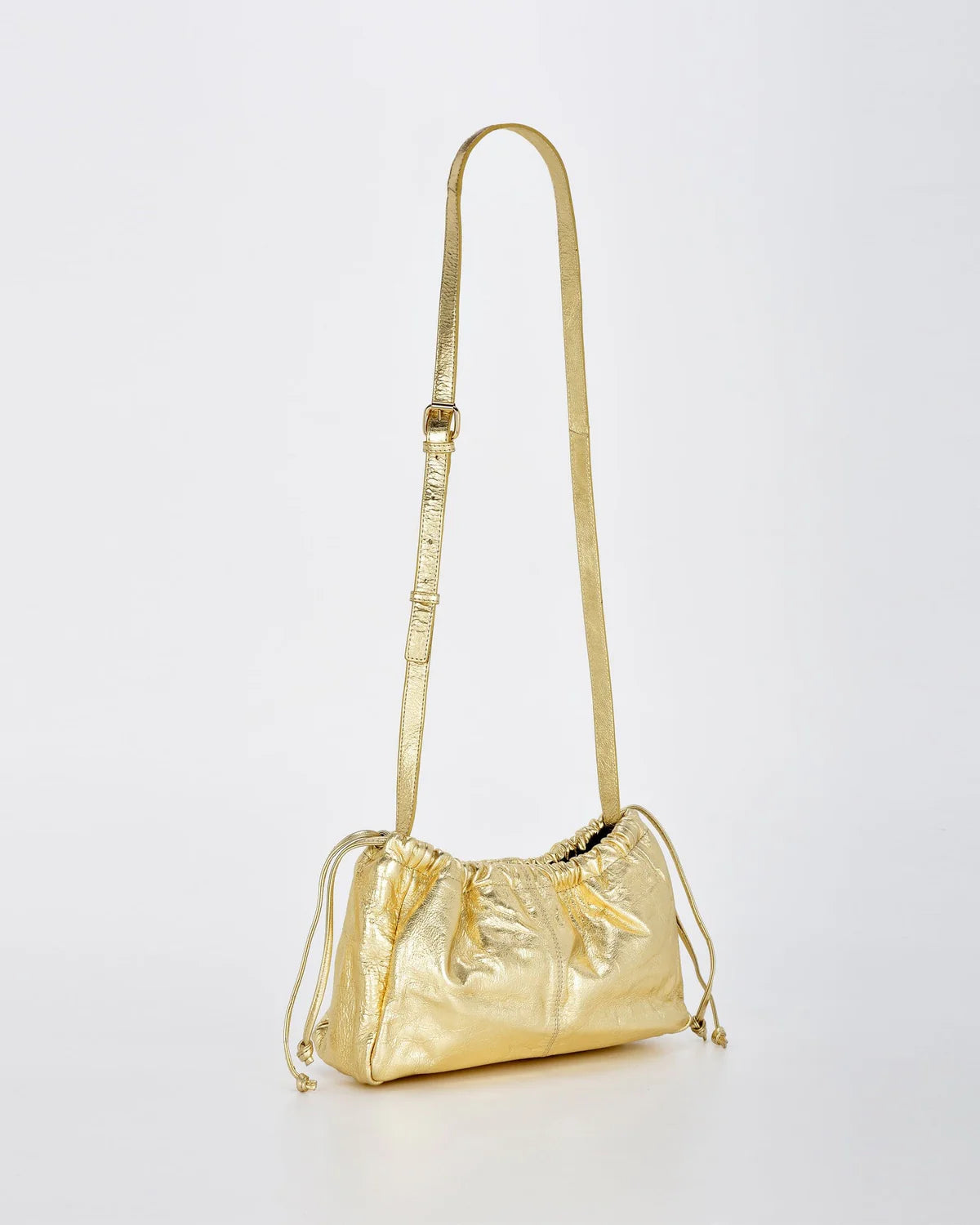 Halley Gold Metallic Leather Drawstring Bag