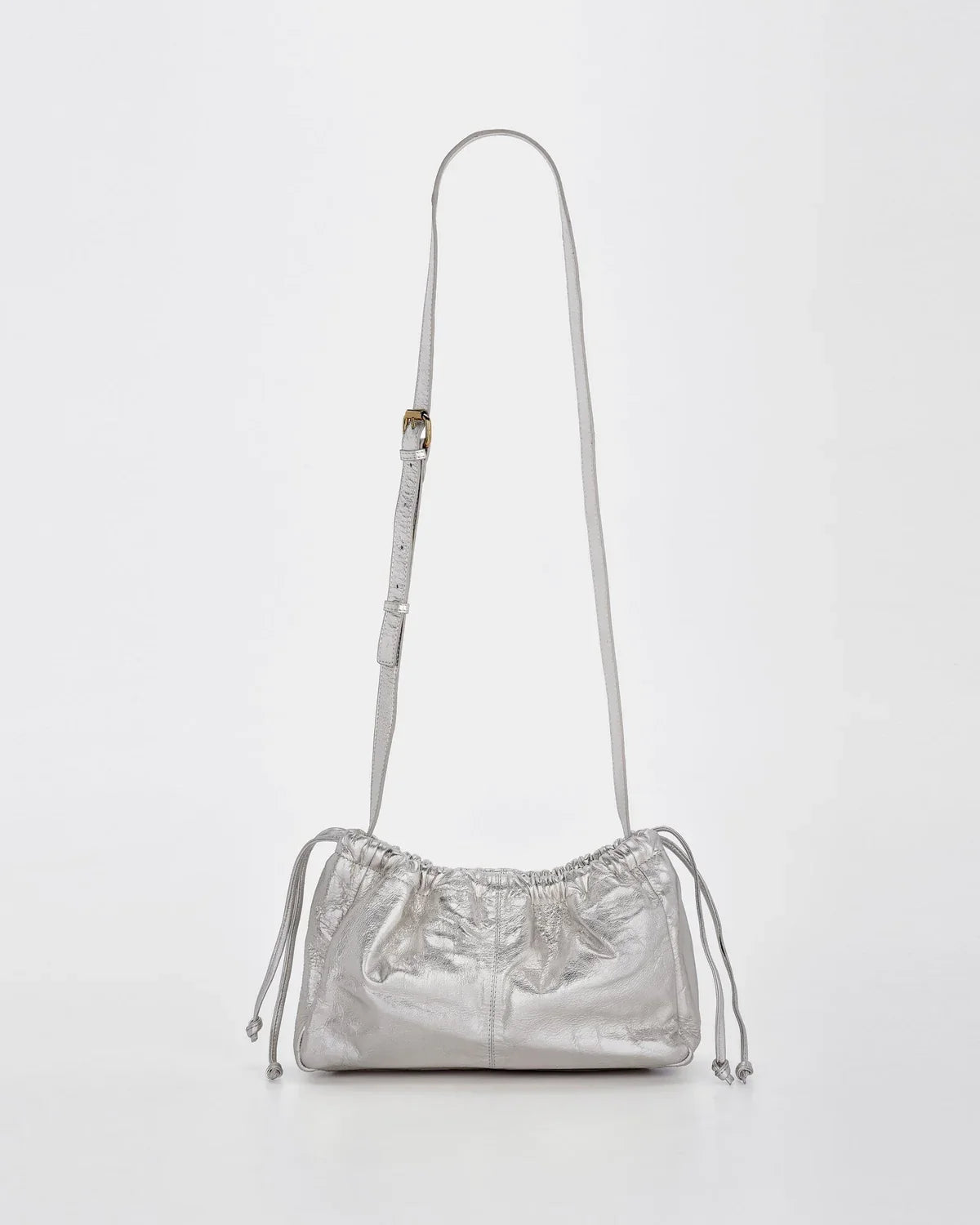 Halley Silver Metallic Leather Drawstring Bag