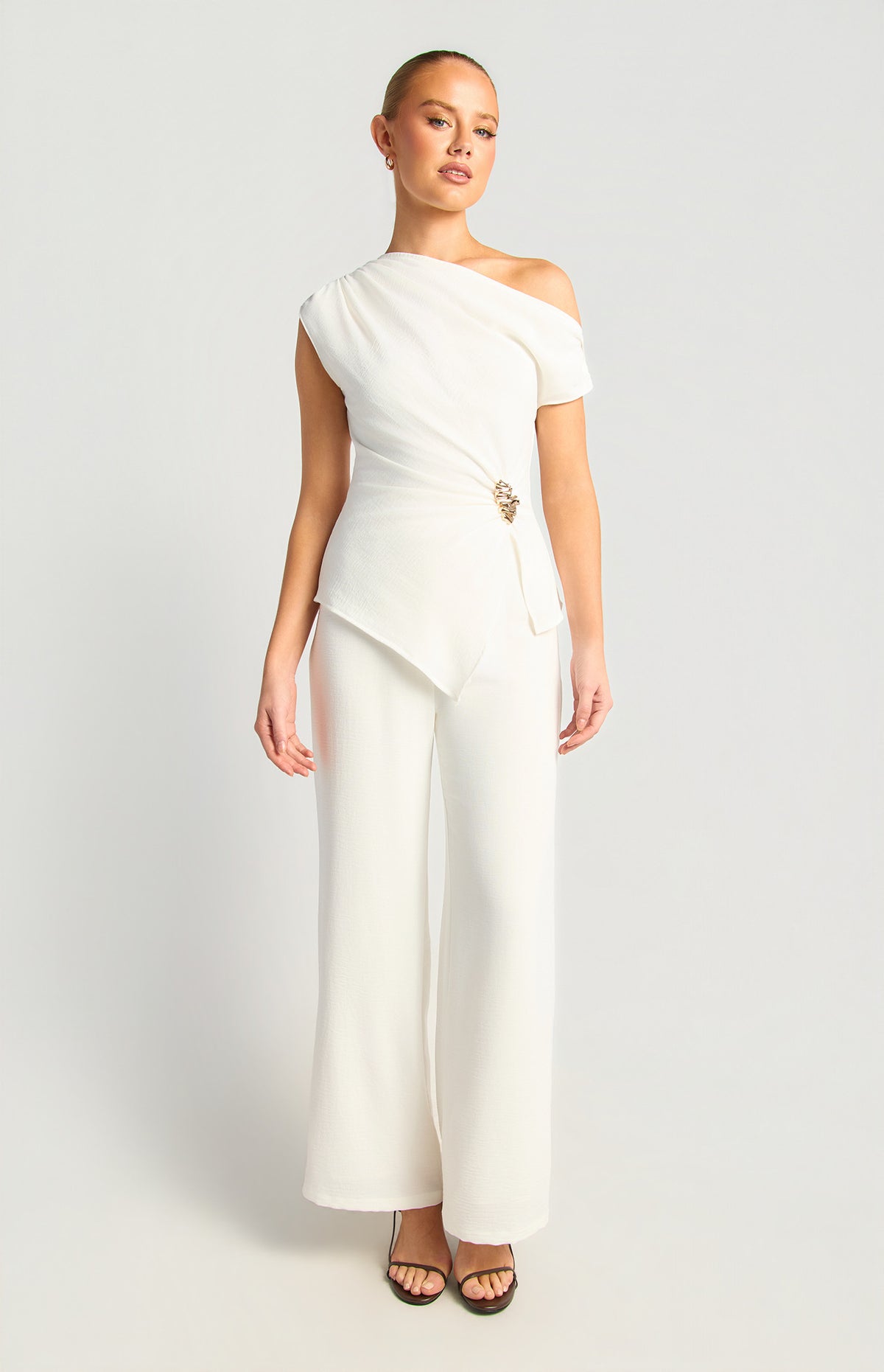 Asymmetric Gold Buckle Top & Pants Set White