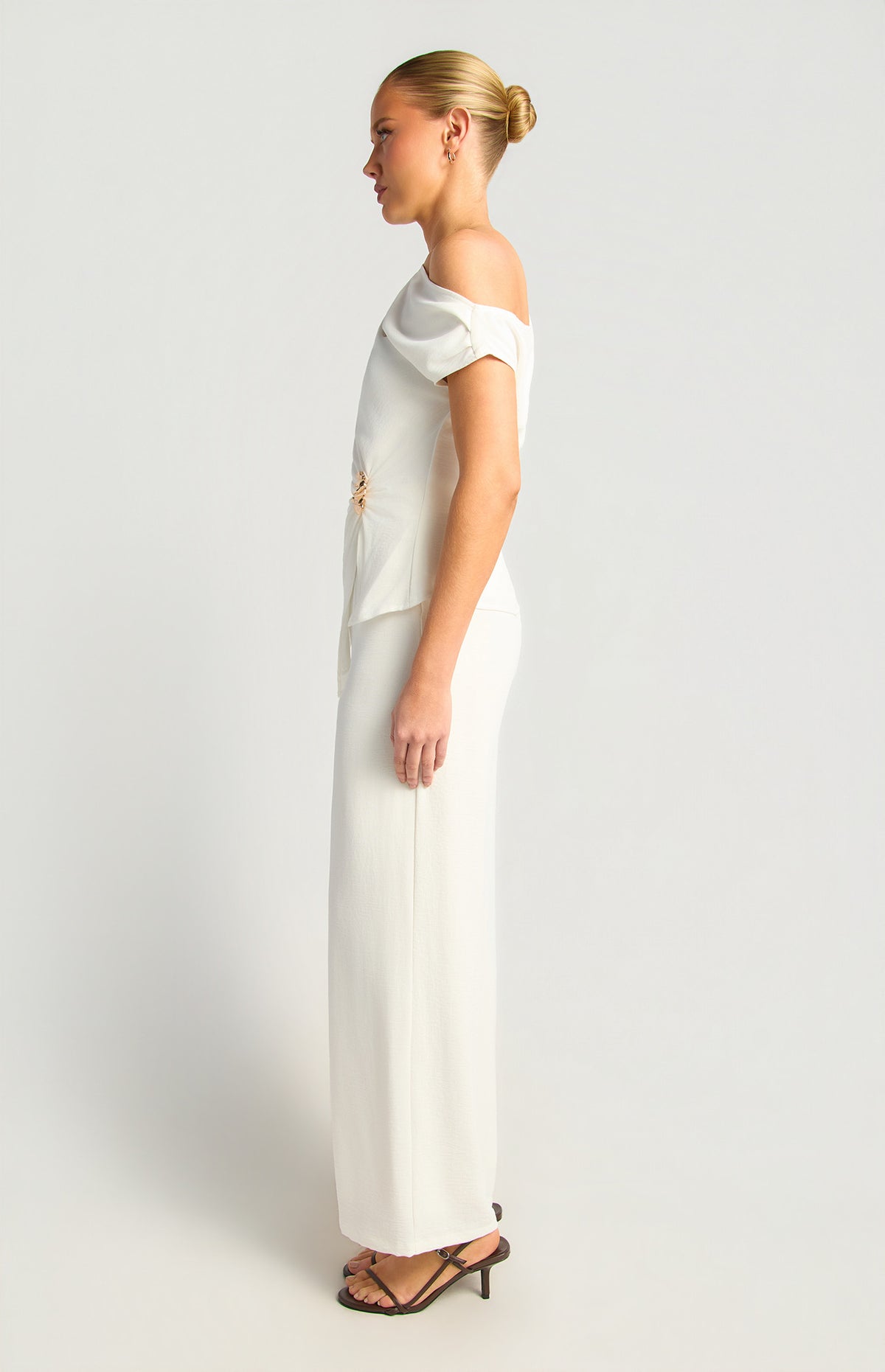 Asymmetric Gold Buckle Top & Pants Set White