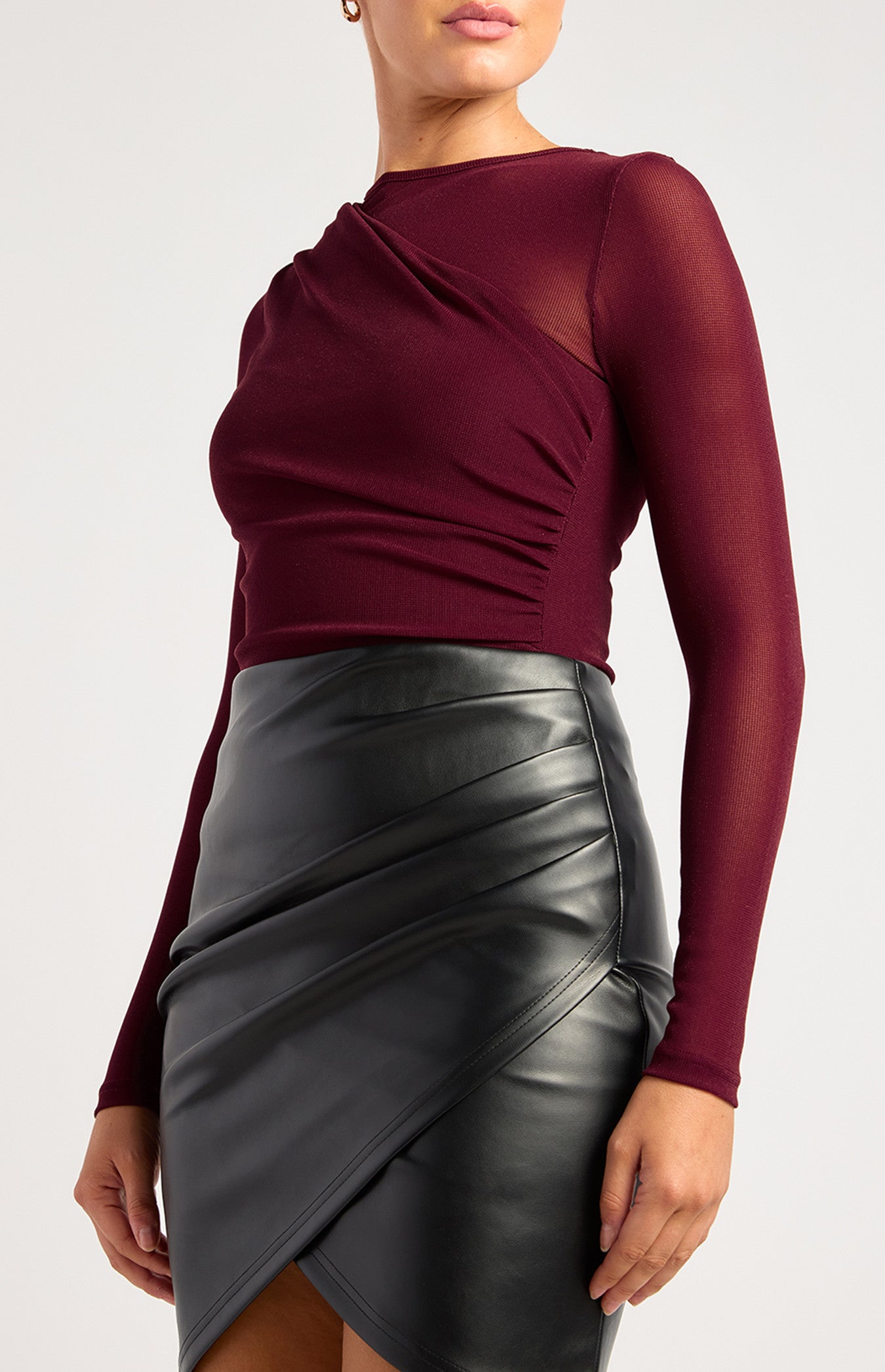 Renee Top with Sheer Neckline Dark Wine