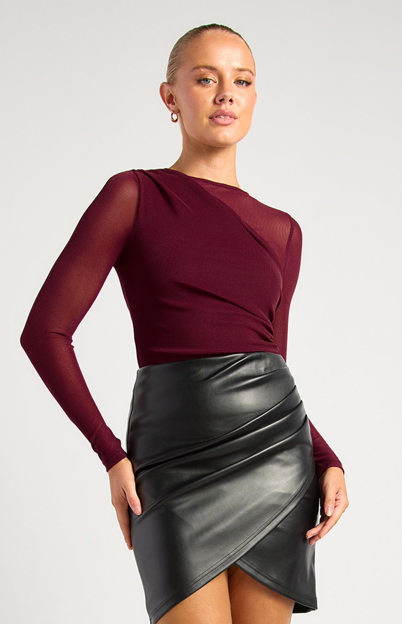Renee Top with Sheer Neckline Dark Wine