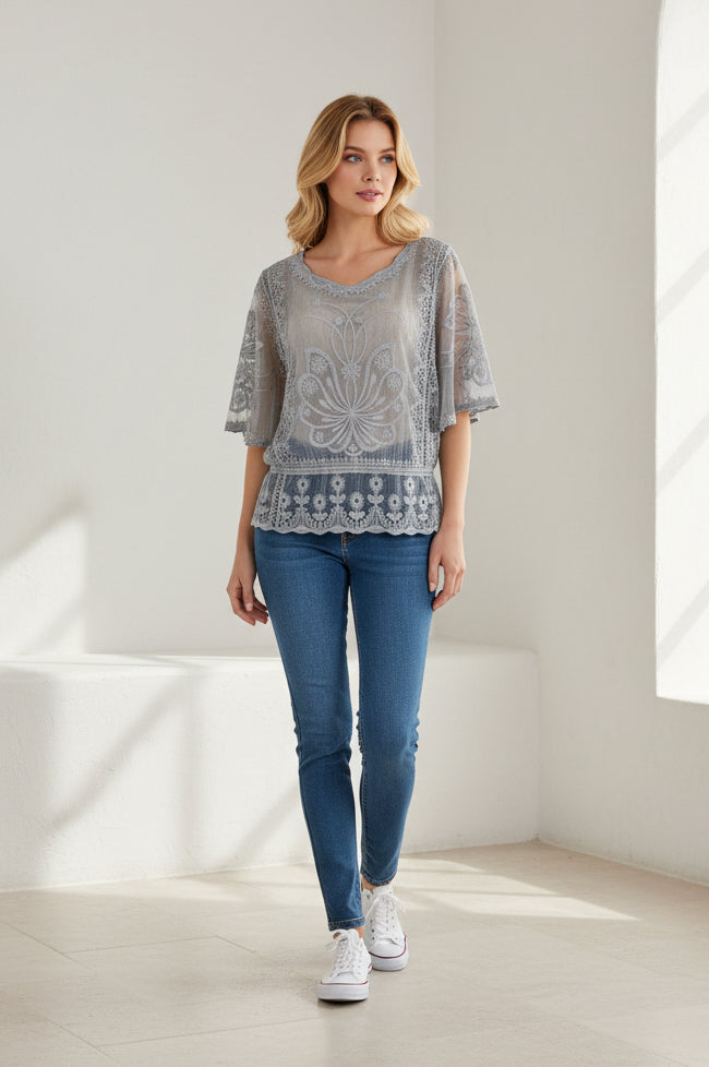 Blair Lace Embroidered Top Silver