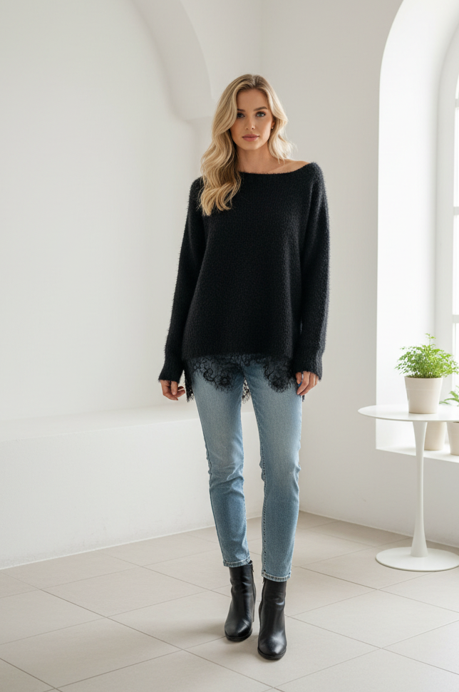 Shiloh Fluffy Knit Off Shoulder Jumper Black