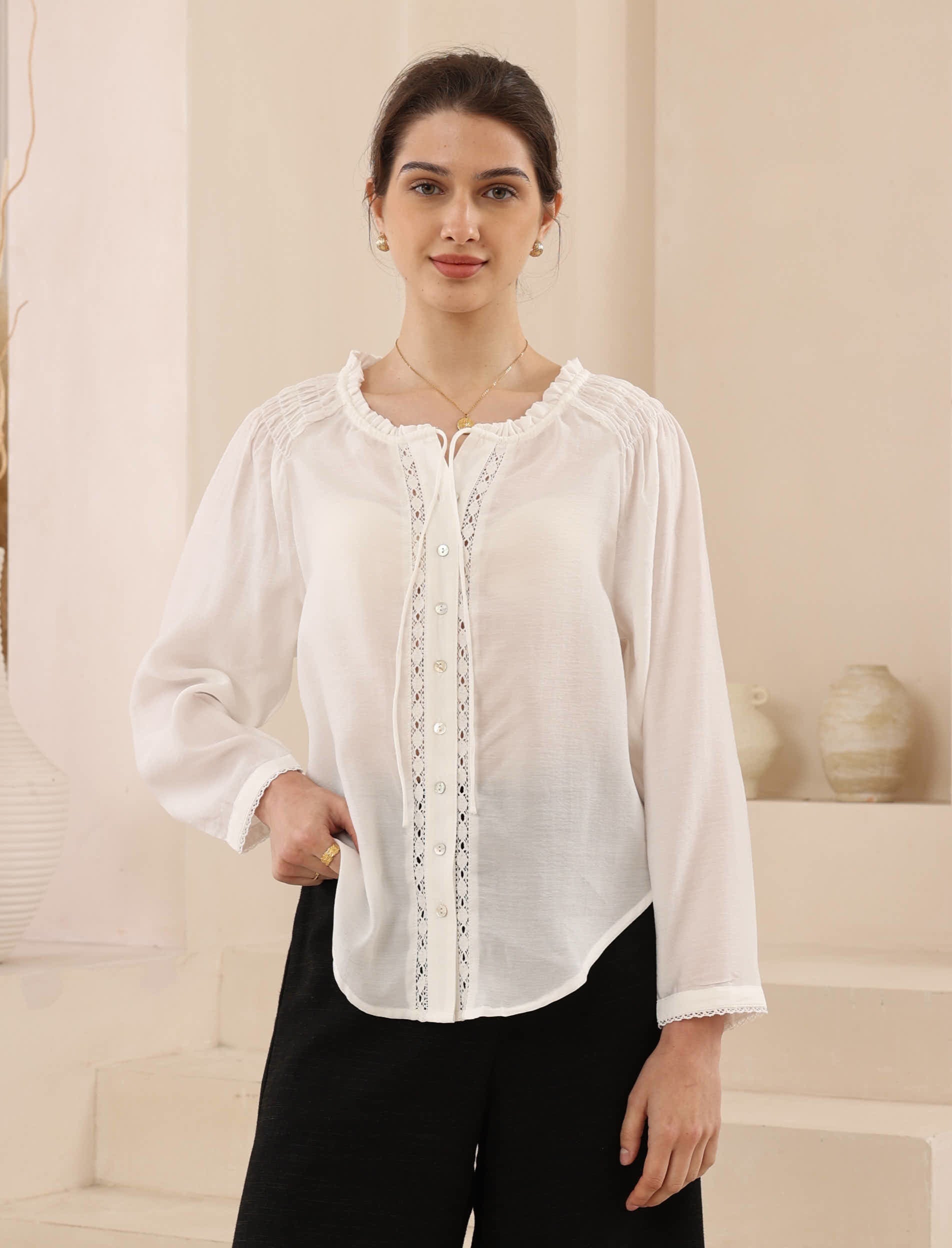 Bella White Lace Trim Blouse