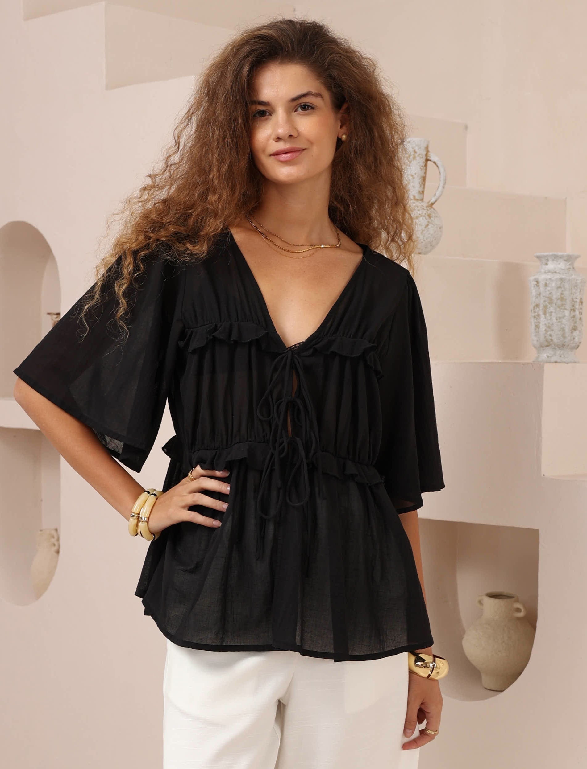 Nyra Tie Front Shirt Black