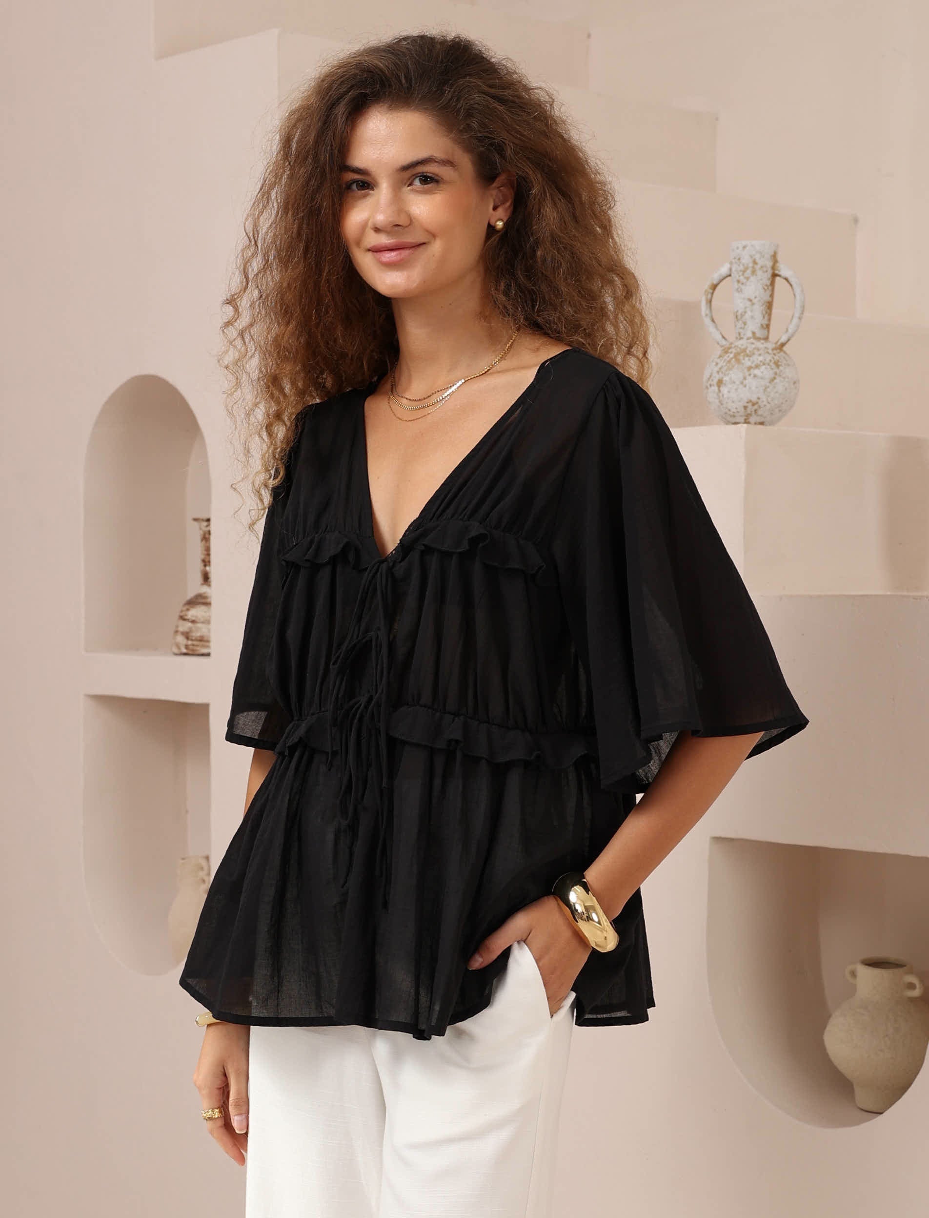 Nyra Tie Front Shirt Black