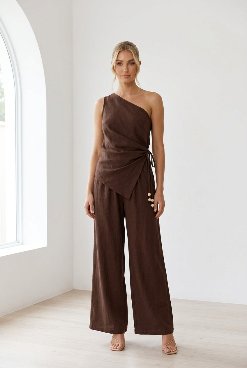 Jayma 1 Shoulder Top Pant Set Chocolate