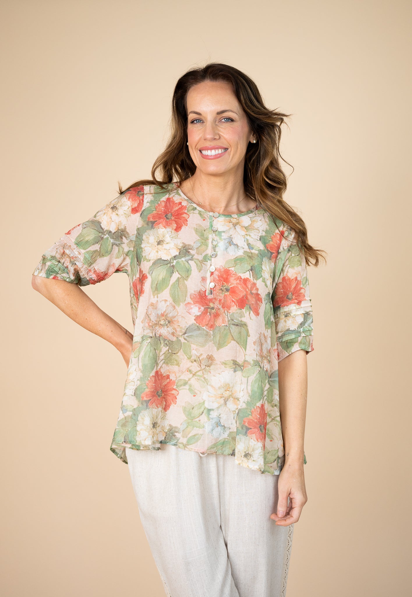 Blanca Floral Pleated Sleeve Top