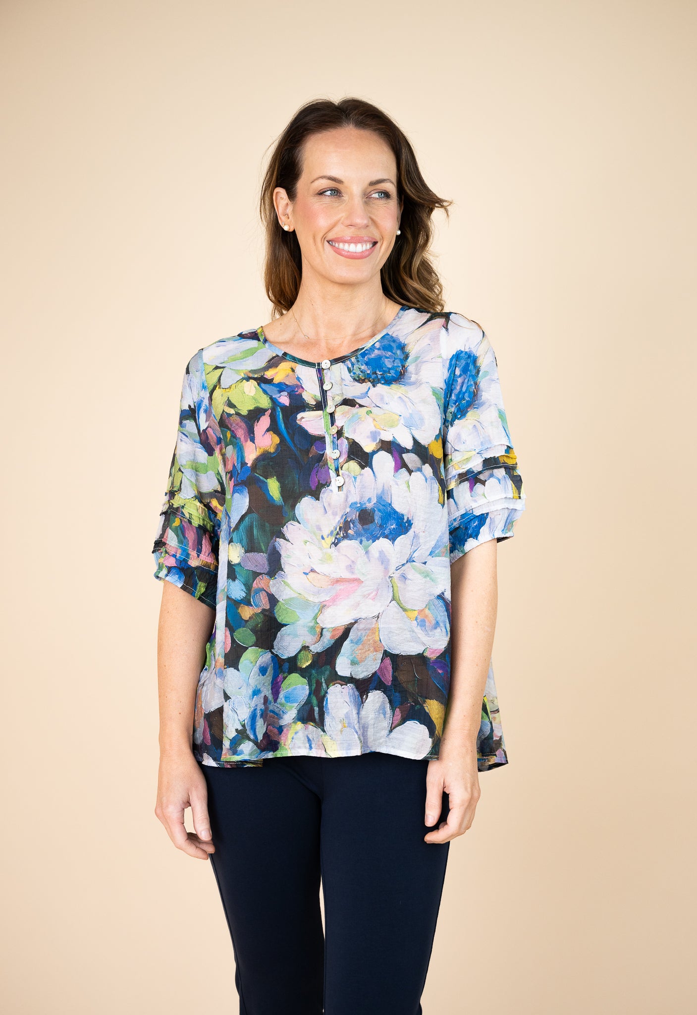 Poppy Floral Pleated Top Blue
