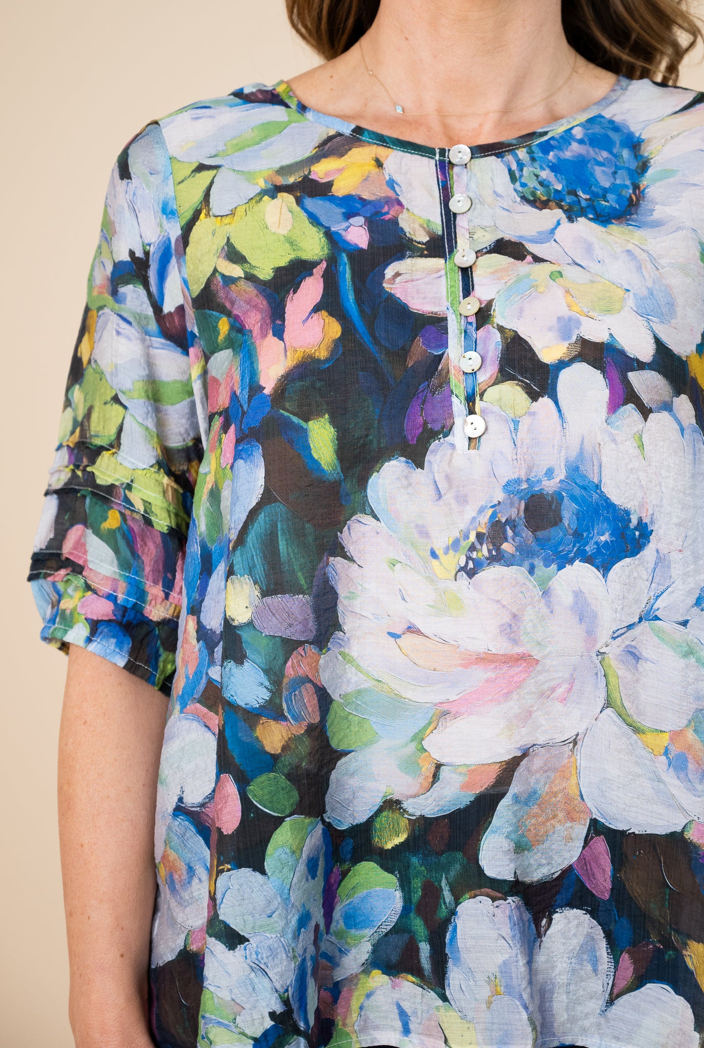 Poppy Floral Pleated Top Blue