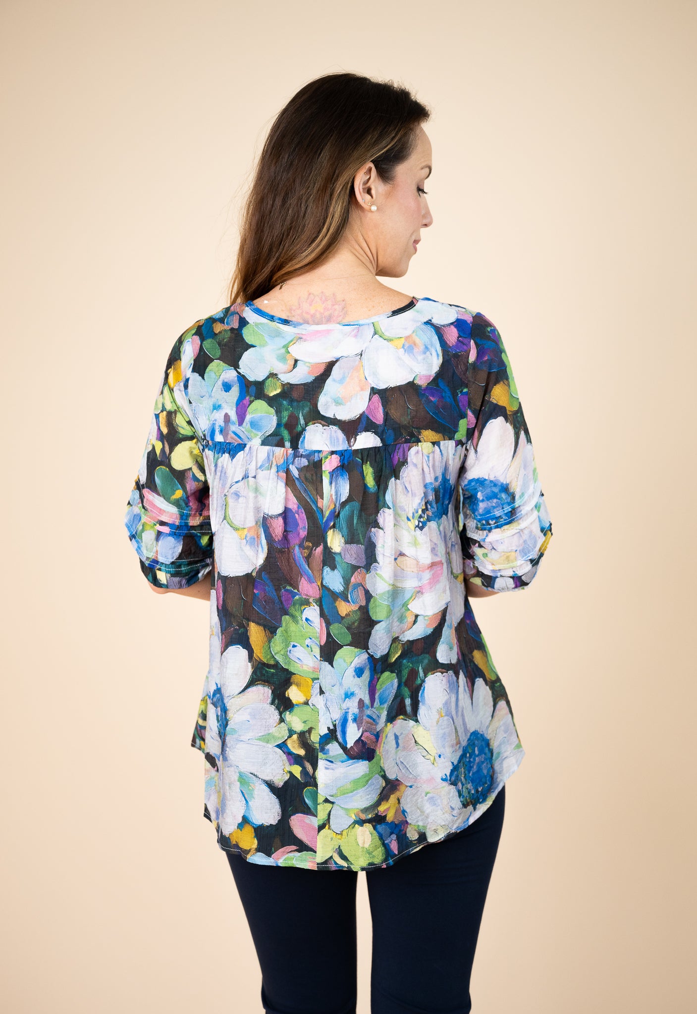 Poppy Floral Pleated Top Blue