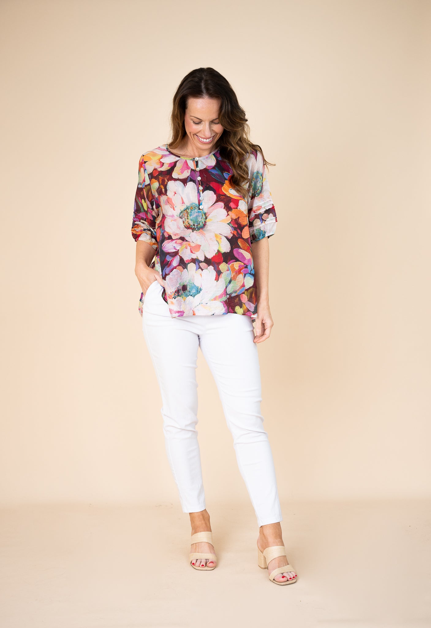 Poppy Floral Pleated Top Pink