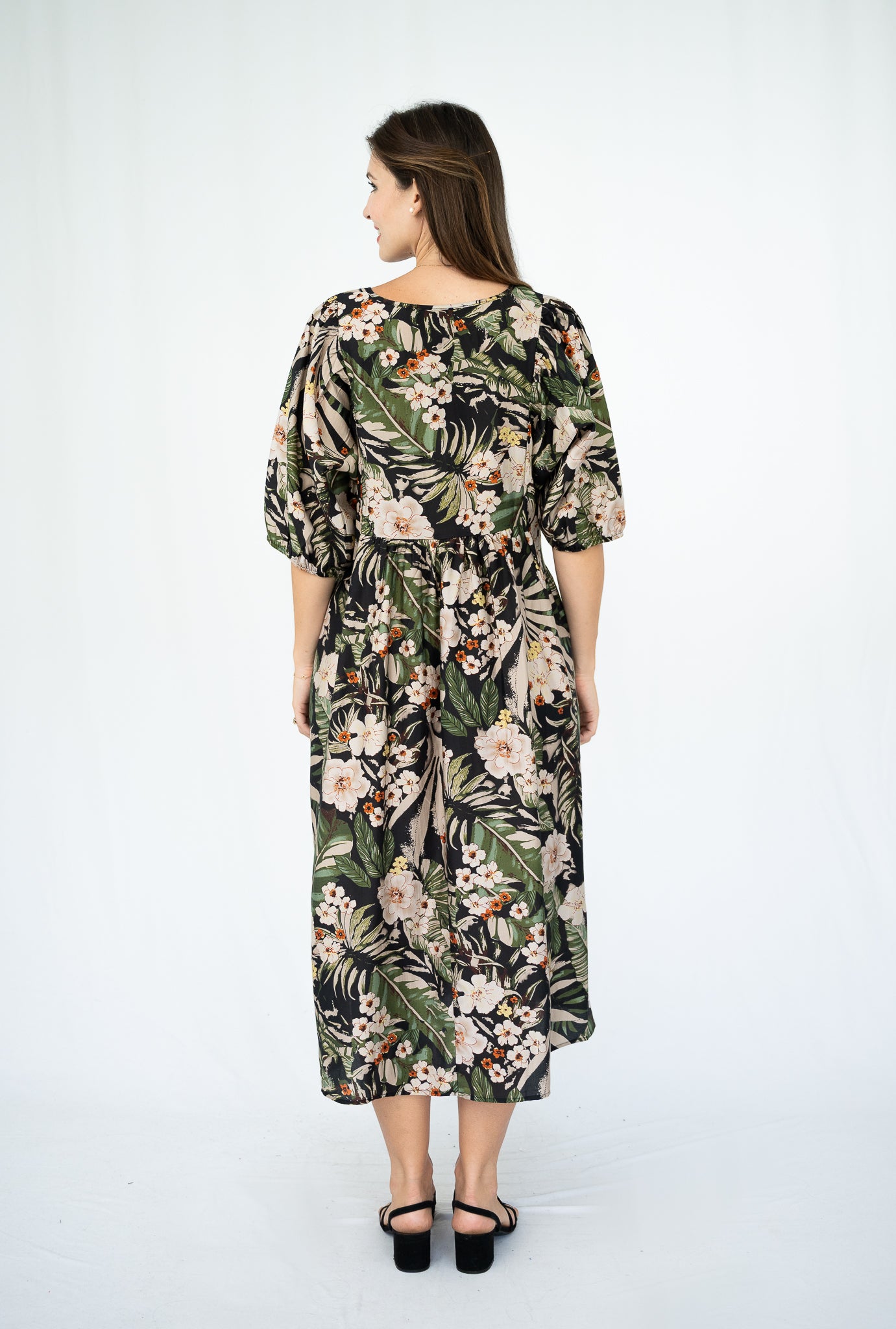 Yvonne Floral Peasant Dress Black