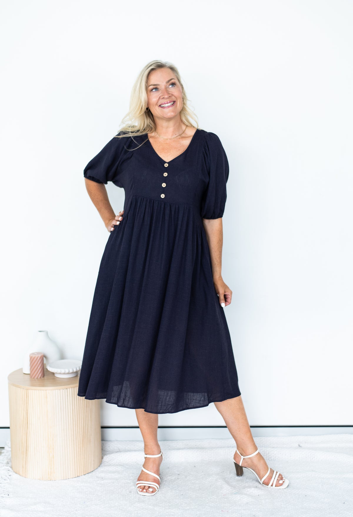 Emery Linen Blend Dress Navy