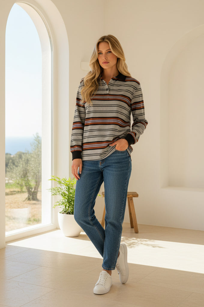 Charlie Stripe Rugby Top Grey/Black/Choc