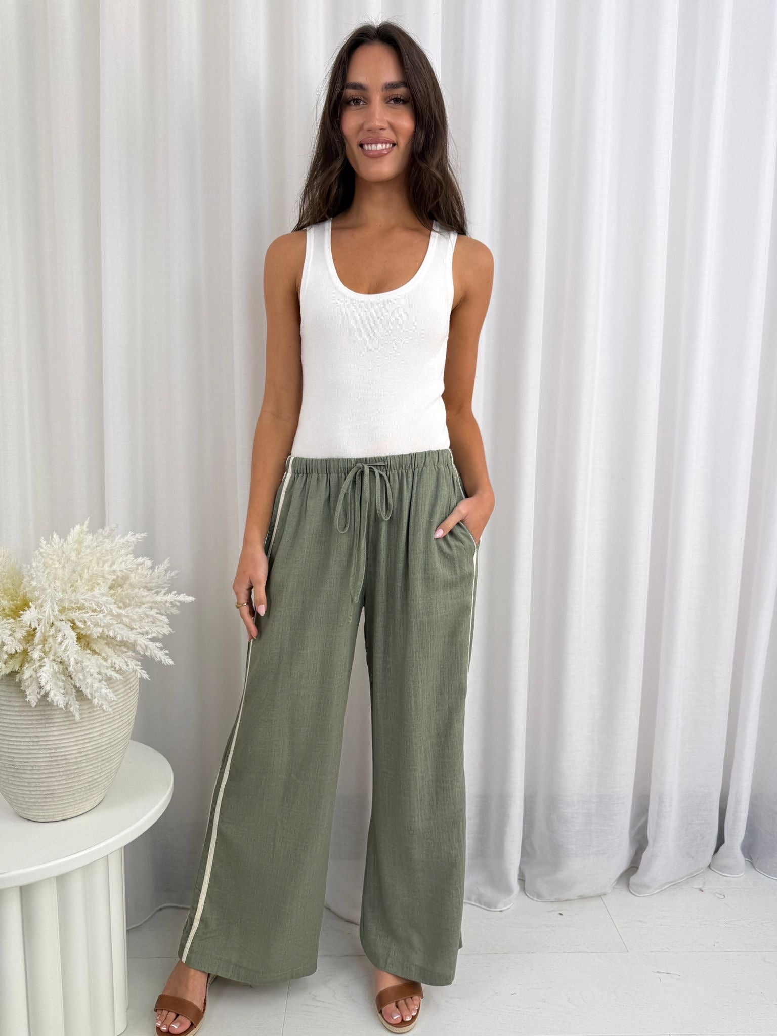 Haven Linen Racer Pant Khaki