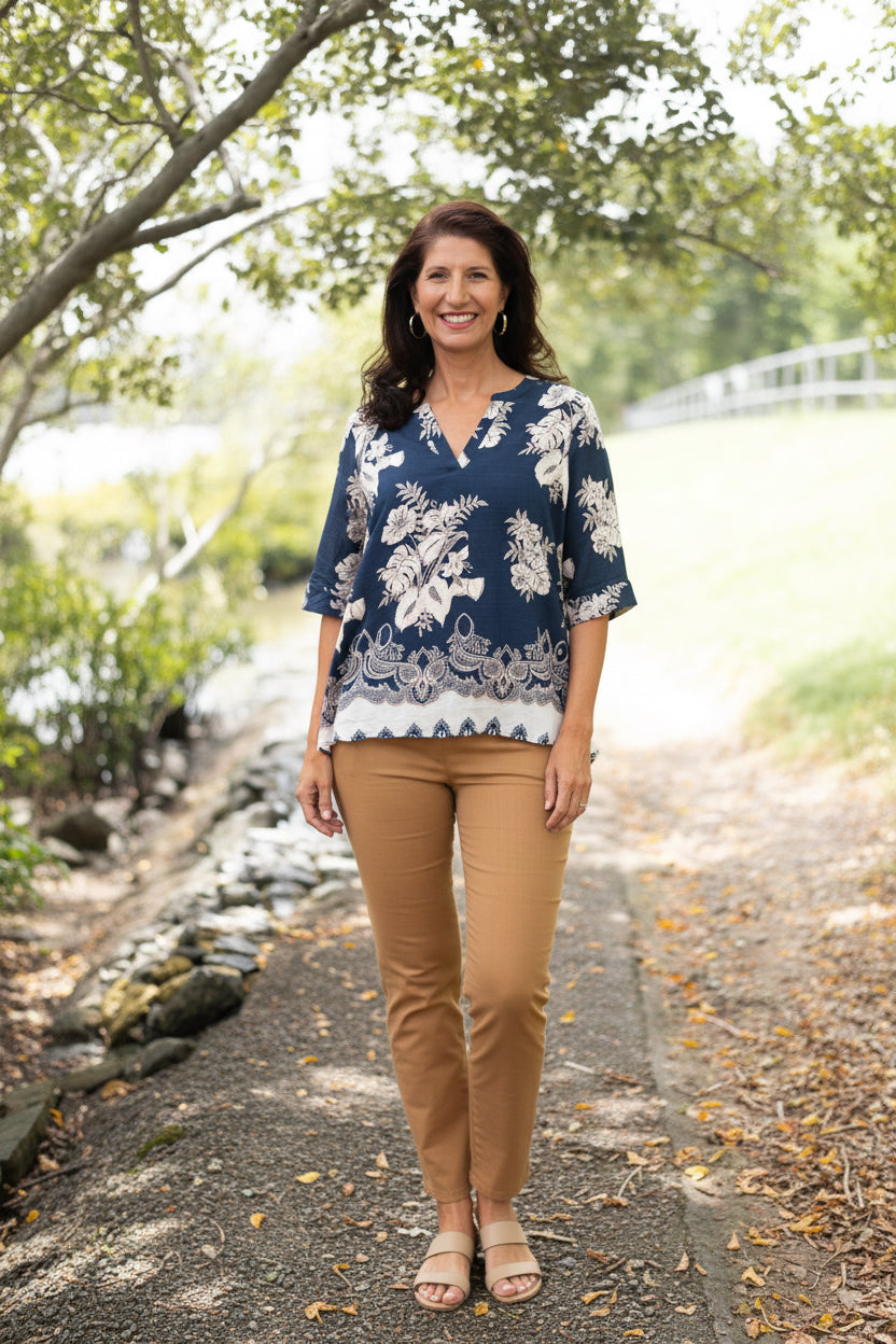 Doreen Floral Top Navy