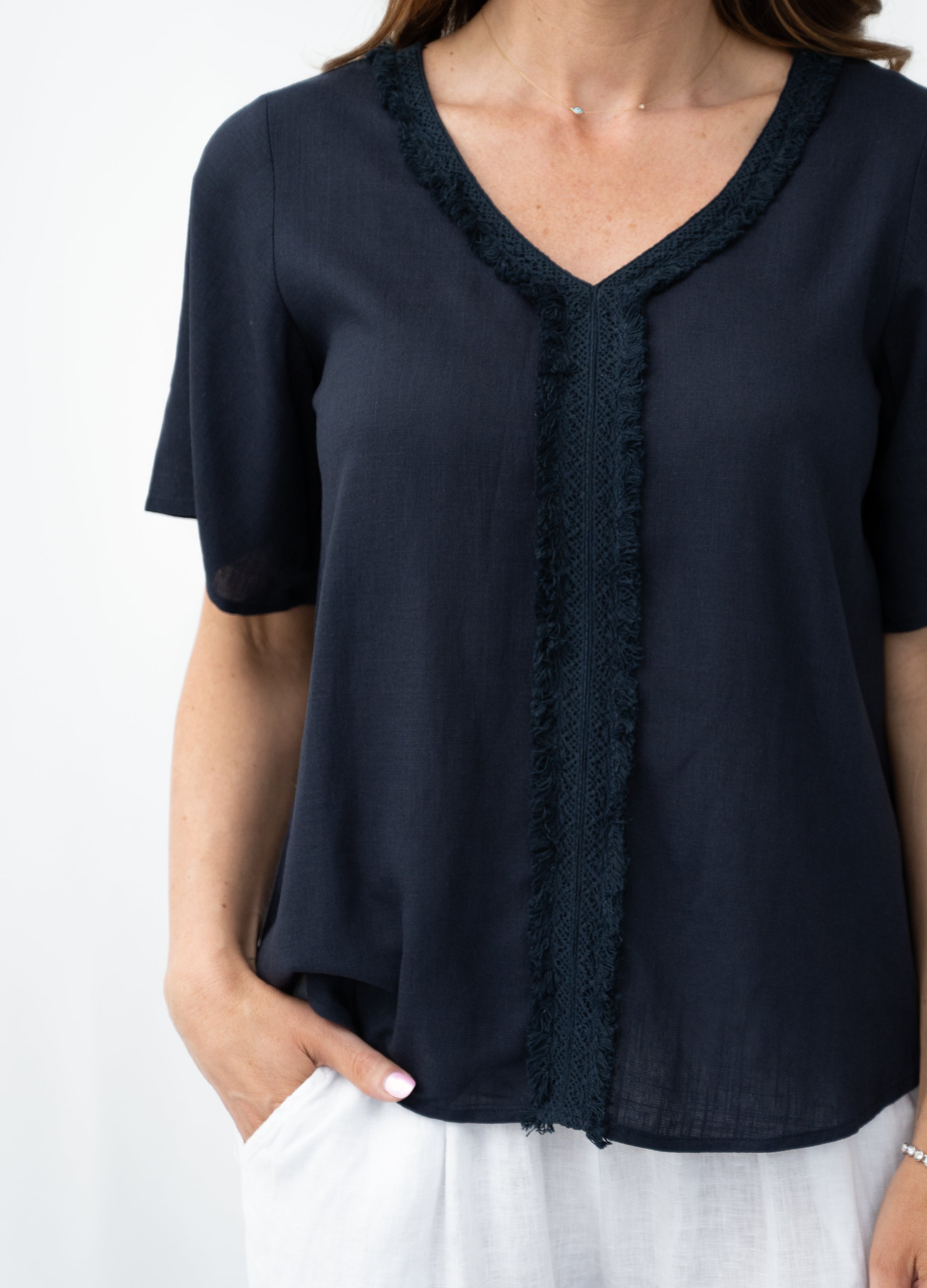 Jessie Lace Trim Top Navy