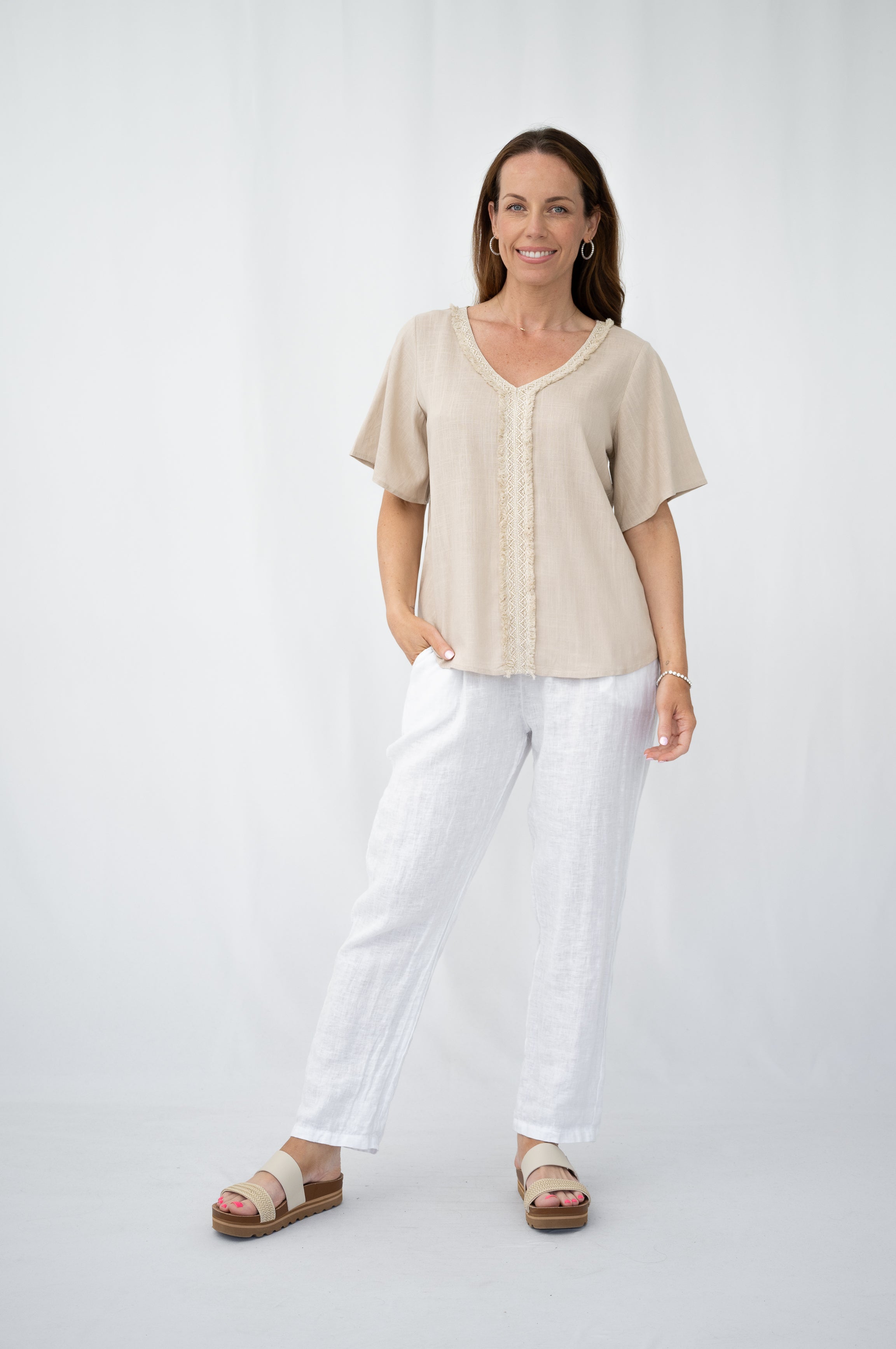Jessie Lace Trim Top Taupe