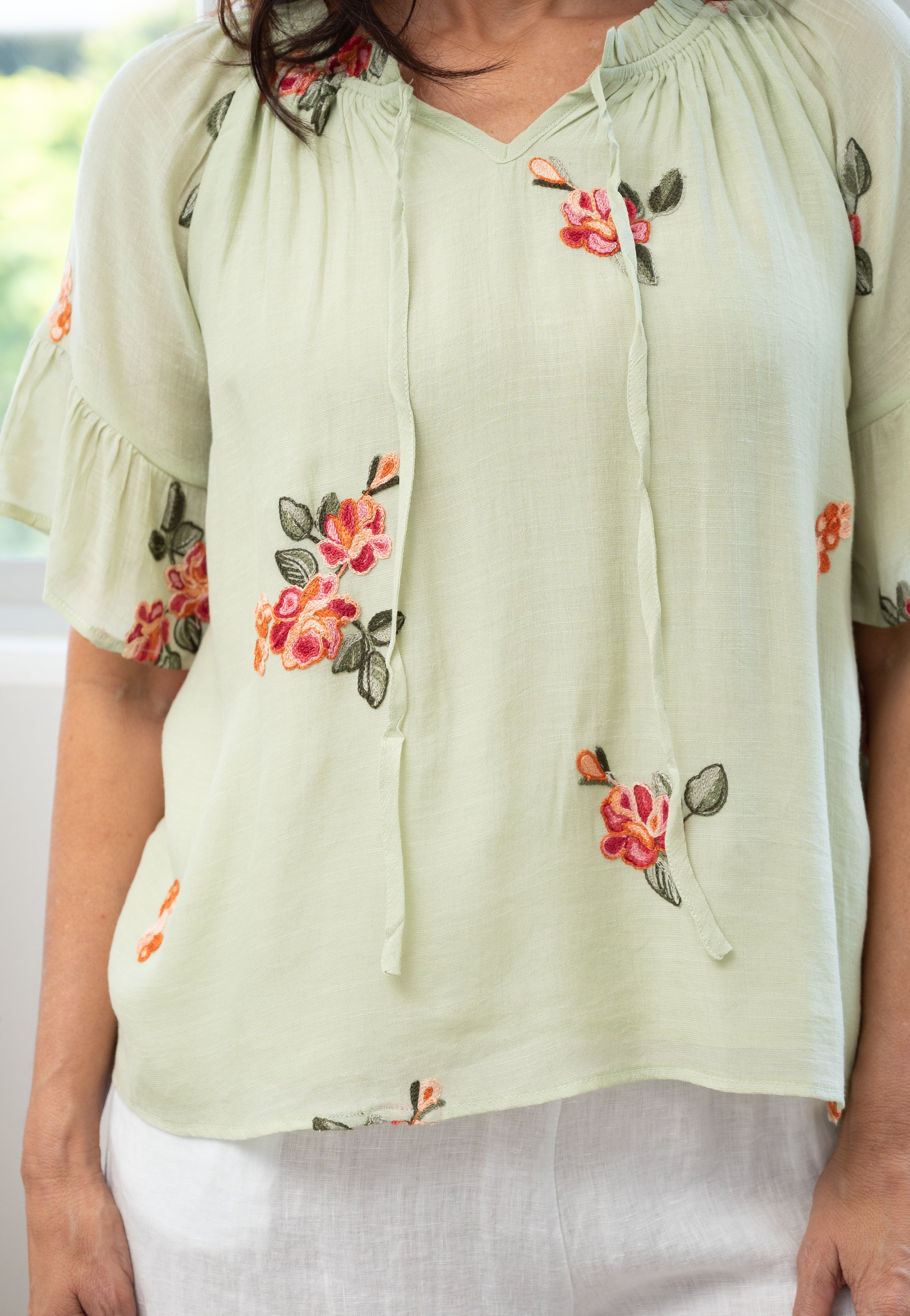 Failey Embroidered Peasant Top Sage