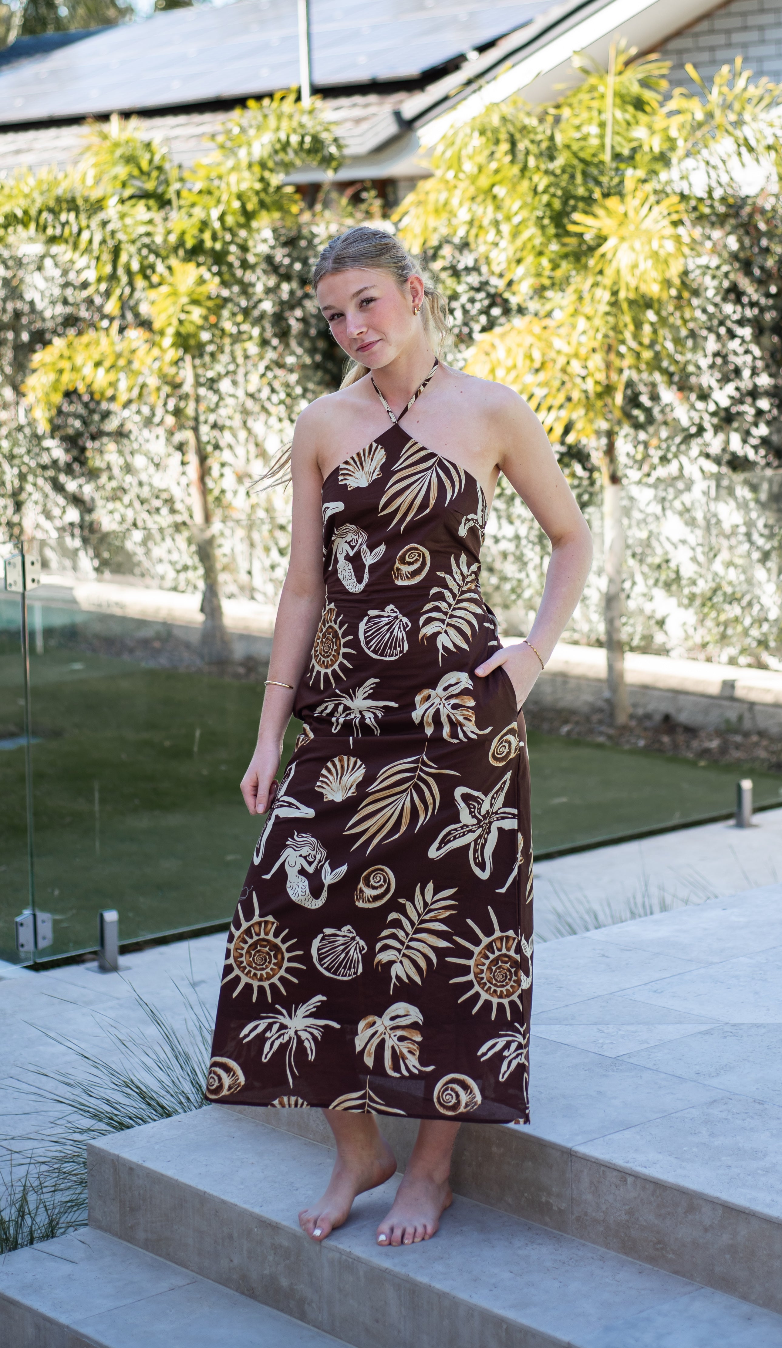 Mermaid Palm Halter Maxi Dress