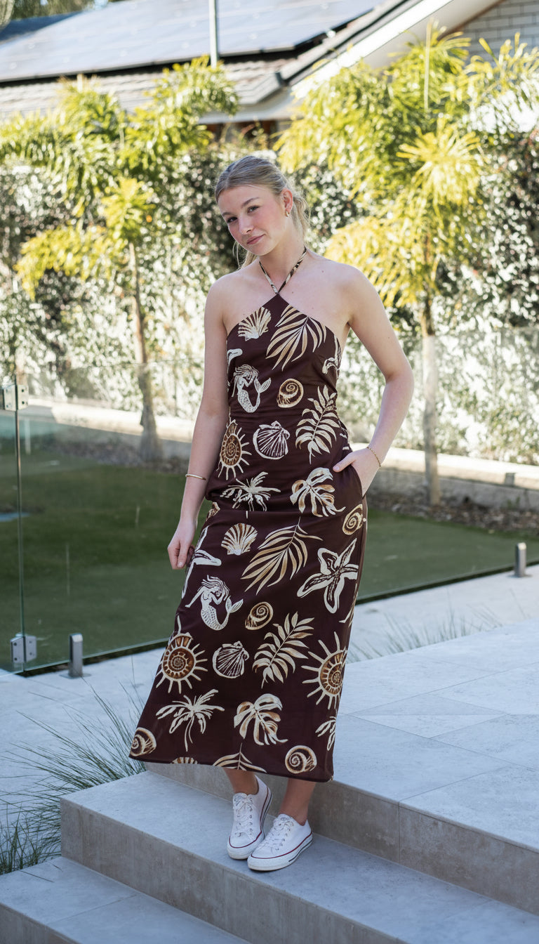 Mermaid Palm Halter Maxi Dress