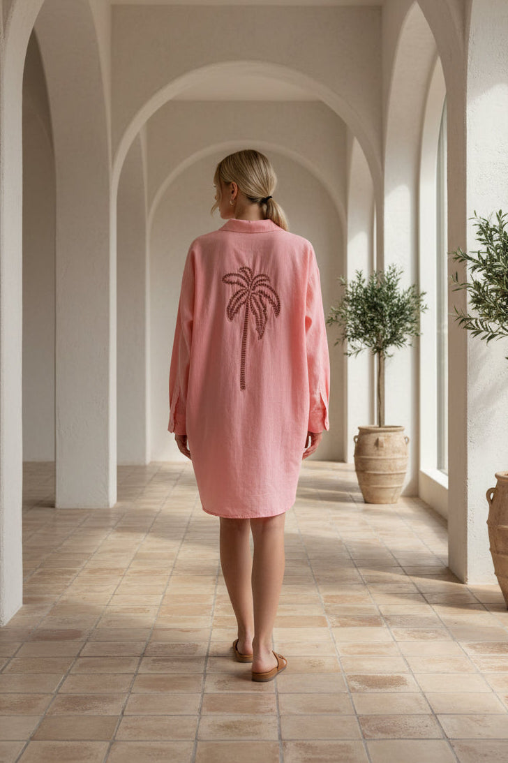 Palms Embroidered Shirt Dress Peach