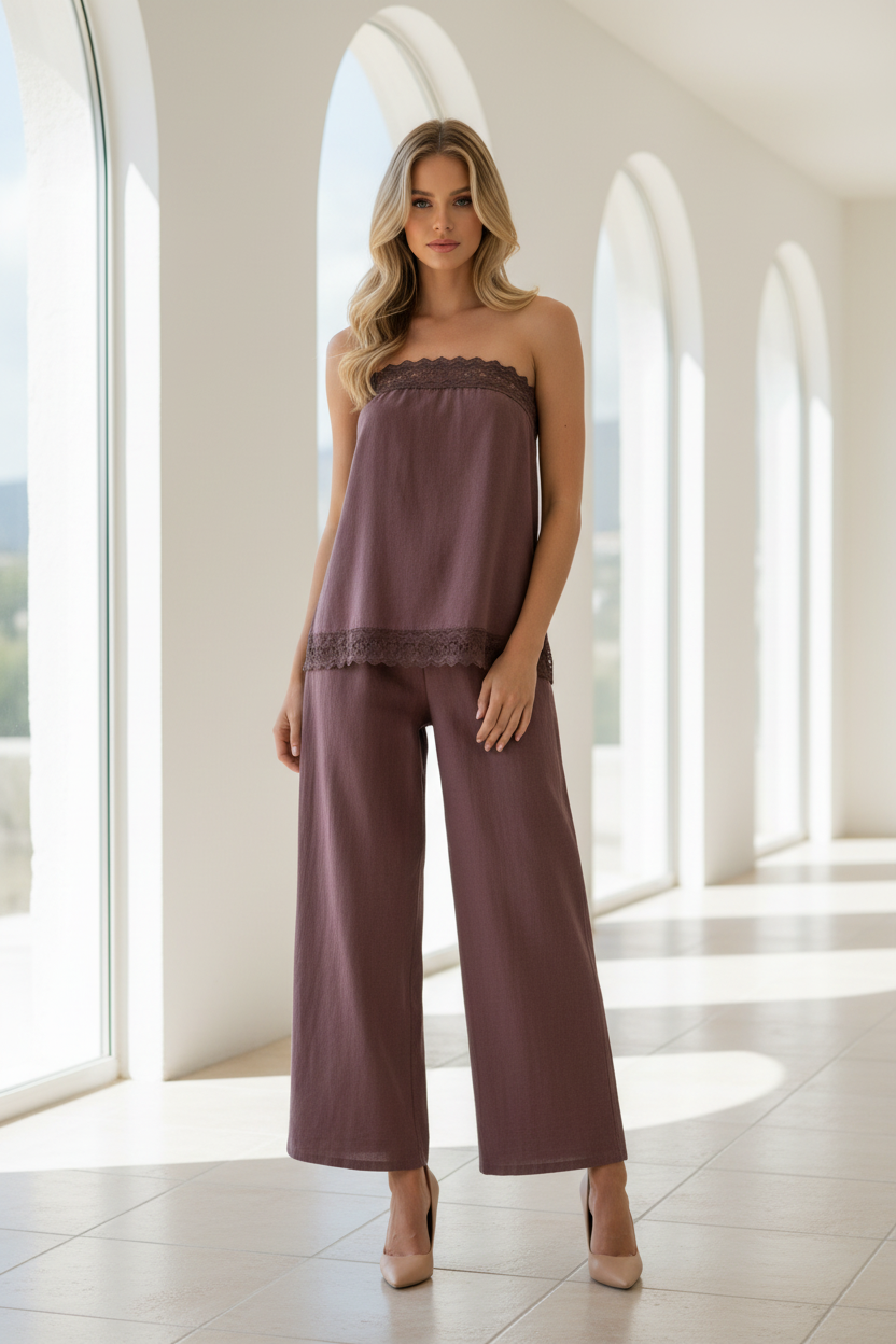 Talia Lace Tube Top & Pant Set Chocolate