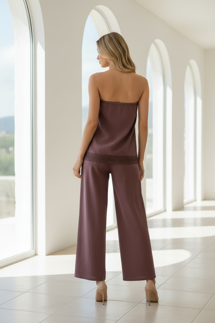 Talia Lace Tube Top & Pant Set Chocolate