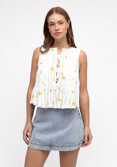 Pleated Lemon Embroidered Top