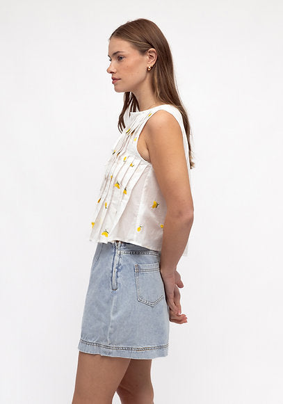 Pleated Lemon Embroidered Top