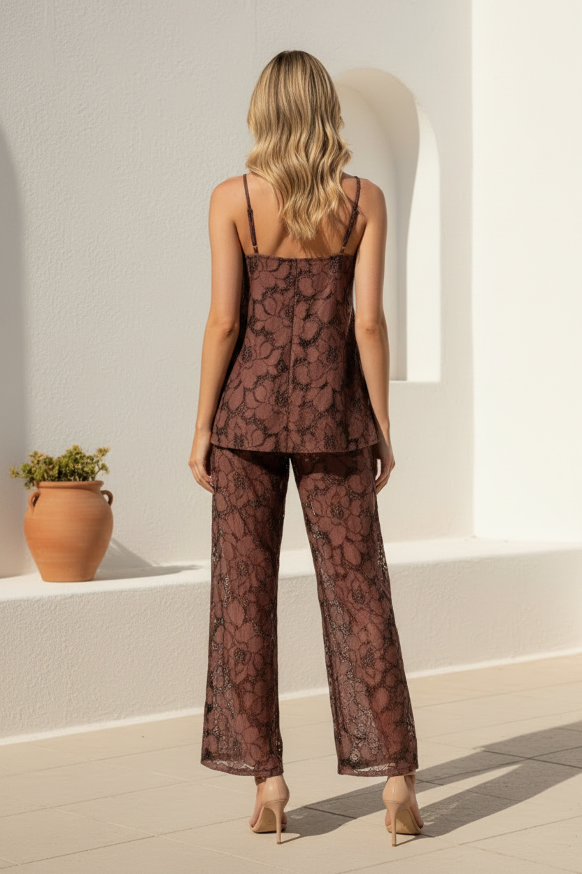 Santana Lace Top & Pant Set Chocolate