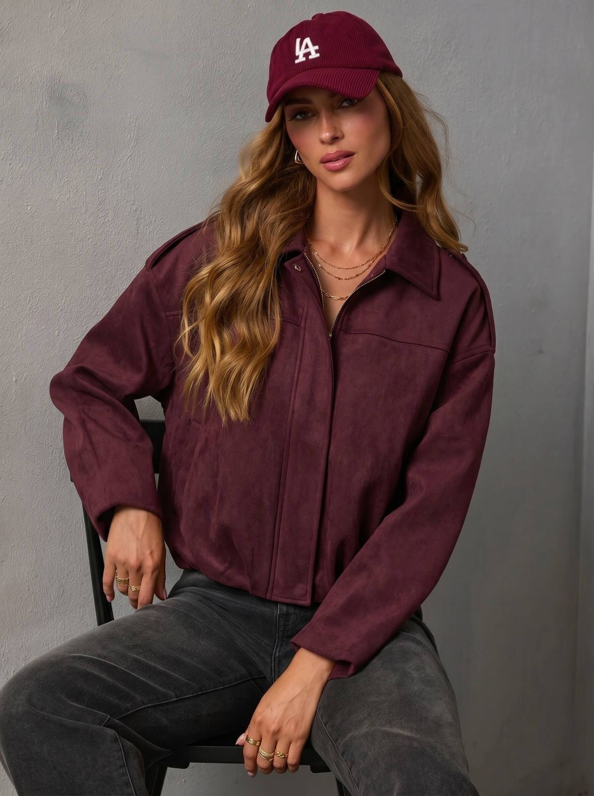 Juni Suede Bomber Jacket Dark Wine