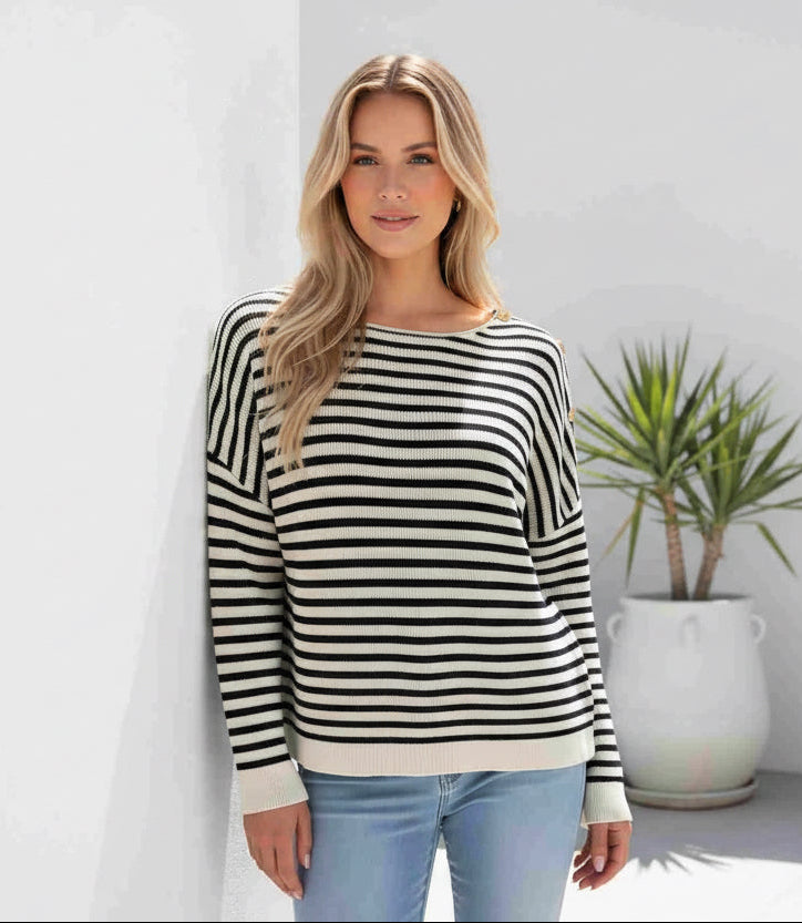 Tamia Striped Knit Top Black