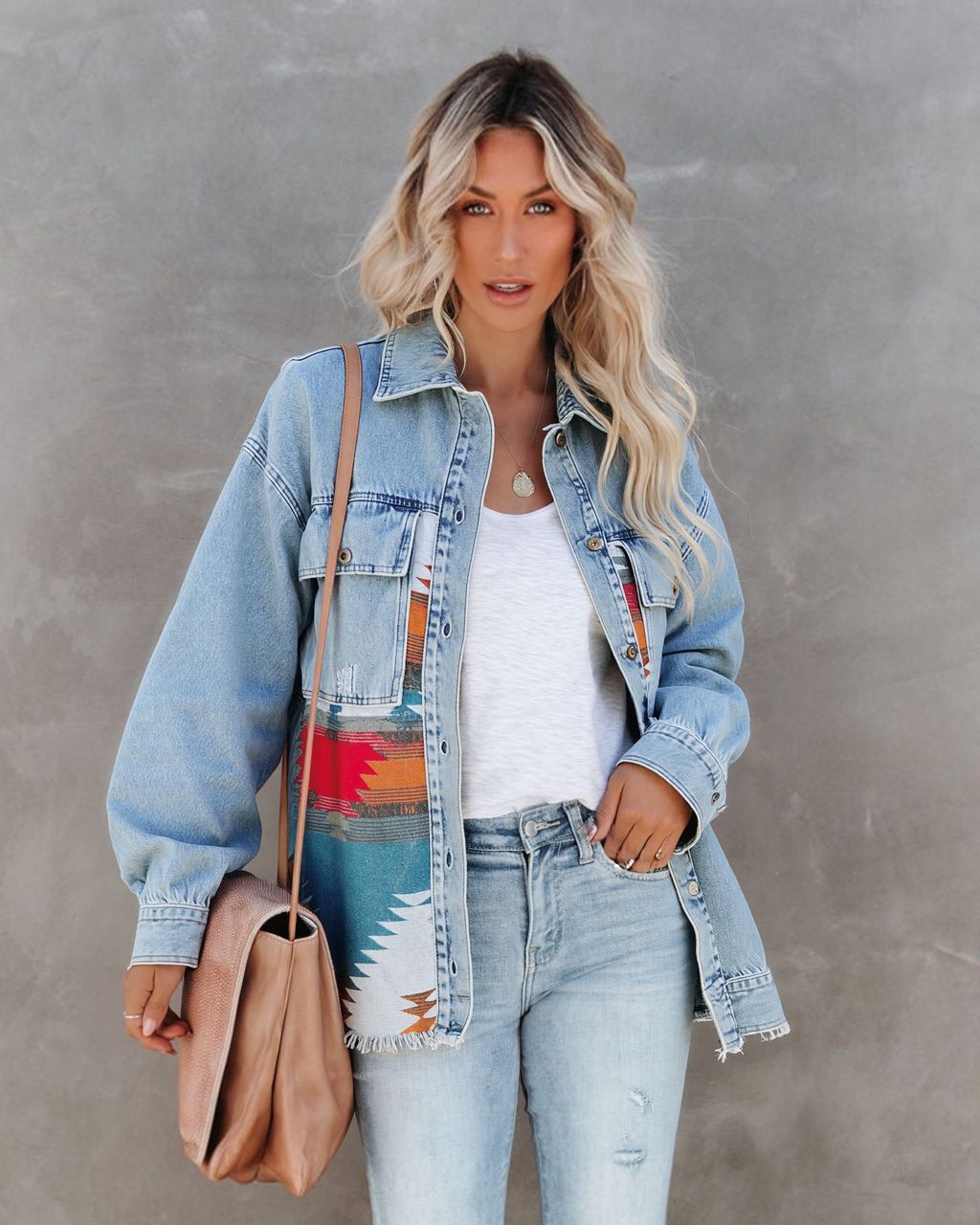 Aztec Button Down Denim Jacket Blue